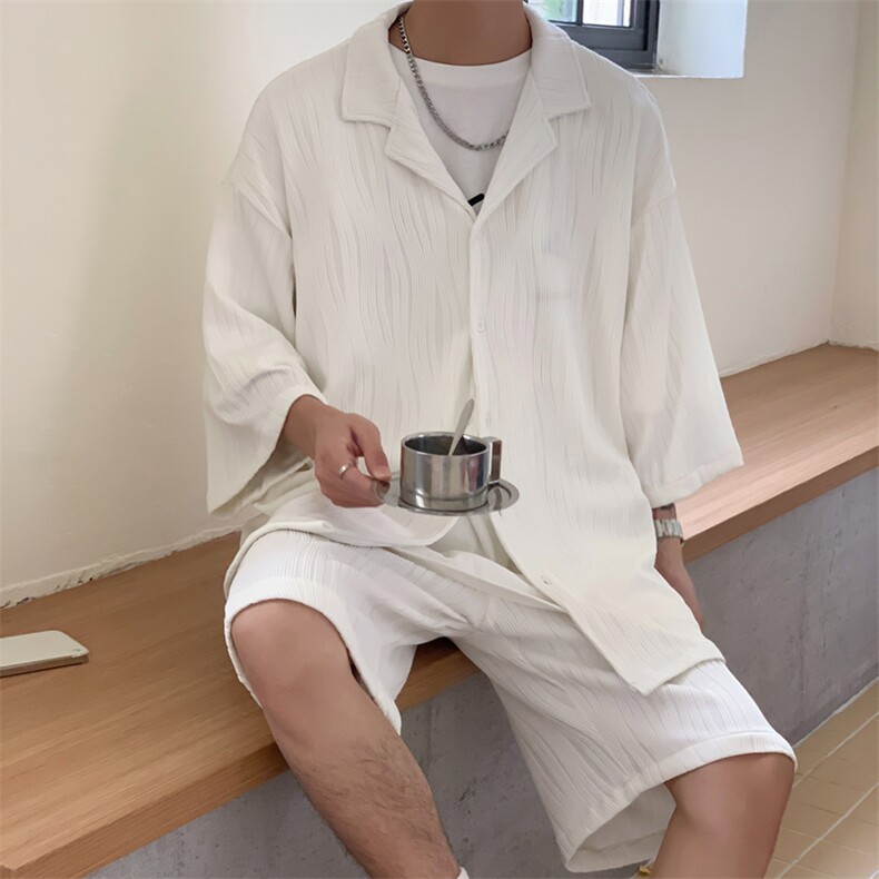 TZ65759/P75港风高品质冰丝短袖衬衫短裤套装男宽松潮两件套控108，男装休闲套装，电商A141