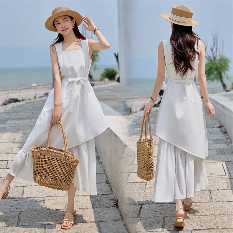 方领不规则假两件连衣裙女中长款2025春季超仙棉麻无袖背心长裙，女装连衣裙，难舍钰依