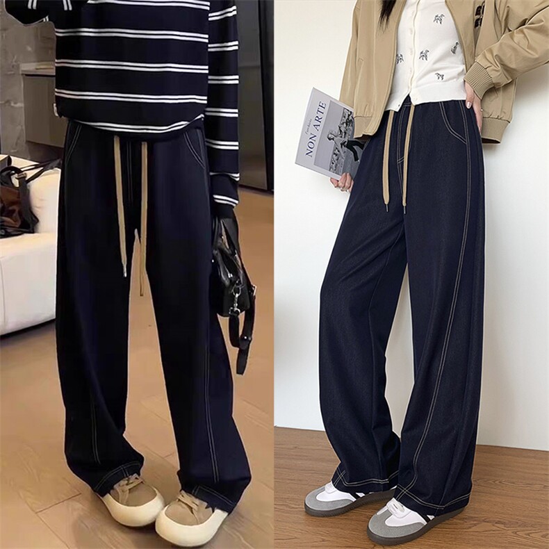 网图深蓝色仿天丝牛仔裤女春夏新款高腰显瘦大码直筒宽松阔腿裤，女装休闲裤，云美莎专业女裤-全店现货