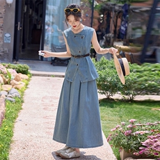时尚牛仔套装裙女2025夏新款韩系显瘦气质无袖上衣半身裙两件套，女装套装/套裙，慕依路