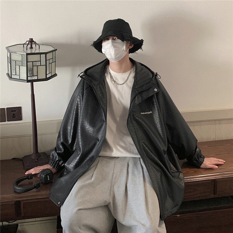 1港风连帽鳄鱼纹PU皮大码M-5XL情侣女冲锋衣夹克男JK8744P90控128，男装夹克，星座226-2