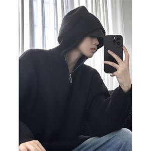 半拉链连帽毛衣男款秋冬季宽松慵懒风针织衫休闲外套M6516