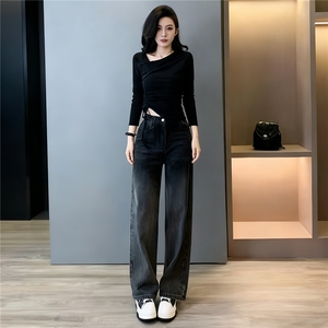 韩版时尚休闲套装女春新款斜肩不规则设计长袖上衣牛仔长裤两件套图片