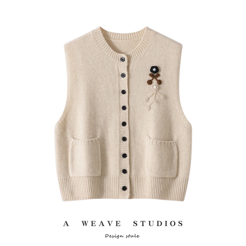 2025年秋季新款百搭无袖圆领开衫，女装针织衫/毛衣，戎魅羊绒