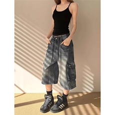 水洗工装牛仔短裤男女款夏季美式宽松做旧阔腿七分裤ZA2107-P49，男装牛仔裤，星座208-5