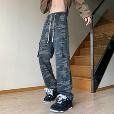 美式高街松紧腰迷彩工装裤男直筒宽松ins潮牌休闲长裤KZ301P55，男装工装外套，电商D325
