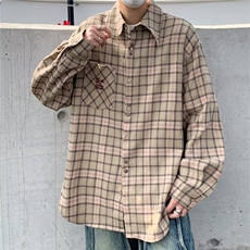 美式oversize宽松衬衣2024春季新款格子长袖衬衫男现货W8146-P45，男装衬衫，星座512-4