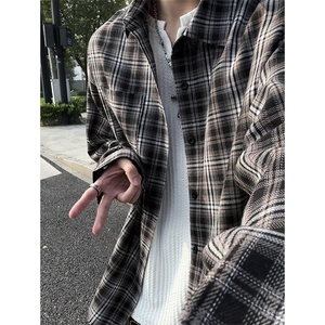 复古格子美式衬衫男长袖翻领宽松百搭格子纹外套C2273-特价P37图片