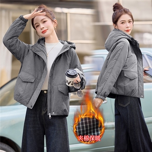 连帽格子棉衣女保暖休闲洋气棉服宽松减龄时尚夹棉外套图片