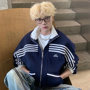美式复古立领条纹运动外套男潮牌休闲棒球服百搭卫衣JK1420,小个子冬季穿搭博主男图片