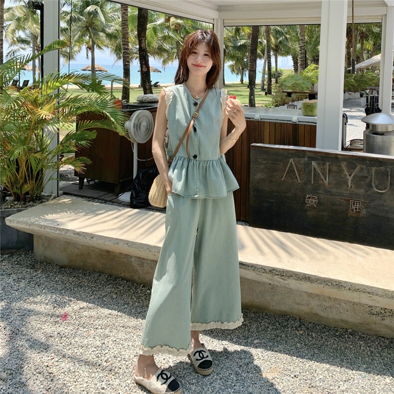 韩系花边拼接牛仔套装裤女薄款2025夏季新款马甲阔腿裤时尚两件套,女装套装/套裙,2D076