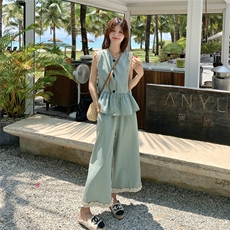韩系花边拼接牛仔套装裤女薄款2025夏季新款马甲阔腿裤时尚两件套，女装套装/套裙，2D076