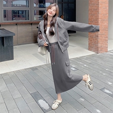深灰色连帽休闲卫衣套装半身裙女2025年秋季新款休闲运动风两件套，女装套装/套裙，2C205