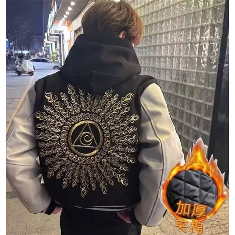 百搭慵懒时尚毛呢拼皮面料加绒刺绣高质量夹克日系潮流 JA245图片