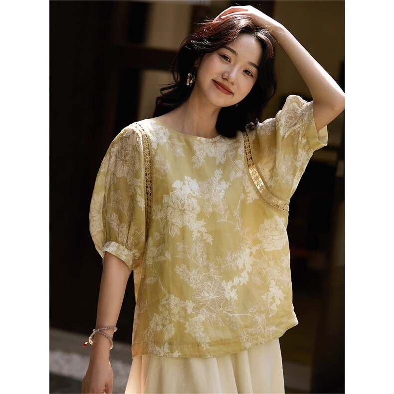茉香风浅剪纸印花灯笼袖小衫上衣女25夏，女装衬衫，梦白服饰厂