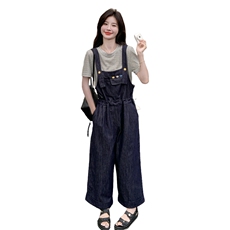 盐系学院风牛仔背带裤套装夏女2025新款宽松条纹T恤休闲两件套女，女装套装/套裙，2C012