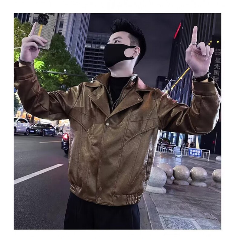 西装领皮衣外套男春秋款韩版潮流修身痞帅精神小伙机车男士皮夹克图片