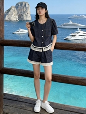 学院风网红时尚套装女夏新款圆领花边设计短袖上衣阔腿短裤两件套，女装套装/套裙，江南