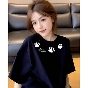 美式涂鸦脚印印花短袖t恤男女2025夏季小众宽松百搭上衣 T400图片