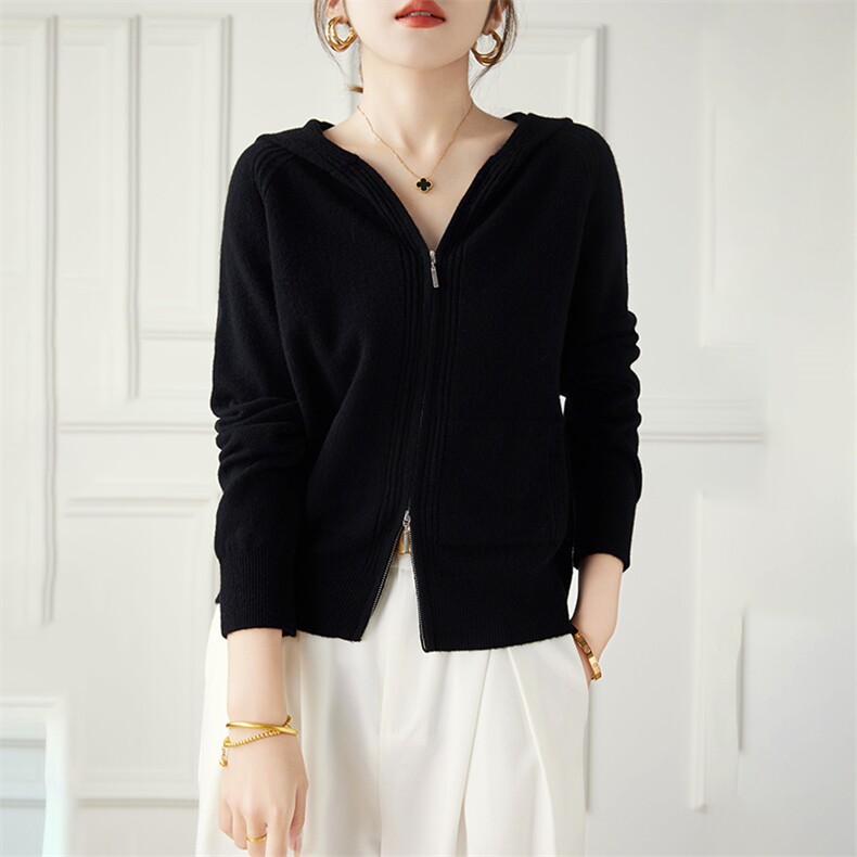 连帽拉链纯色山羊绒开衫女带兜外套2025秋冬宽松长袖保暖针织毛衣，女装羊毛衫，米莲尼羊绒