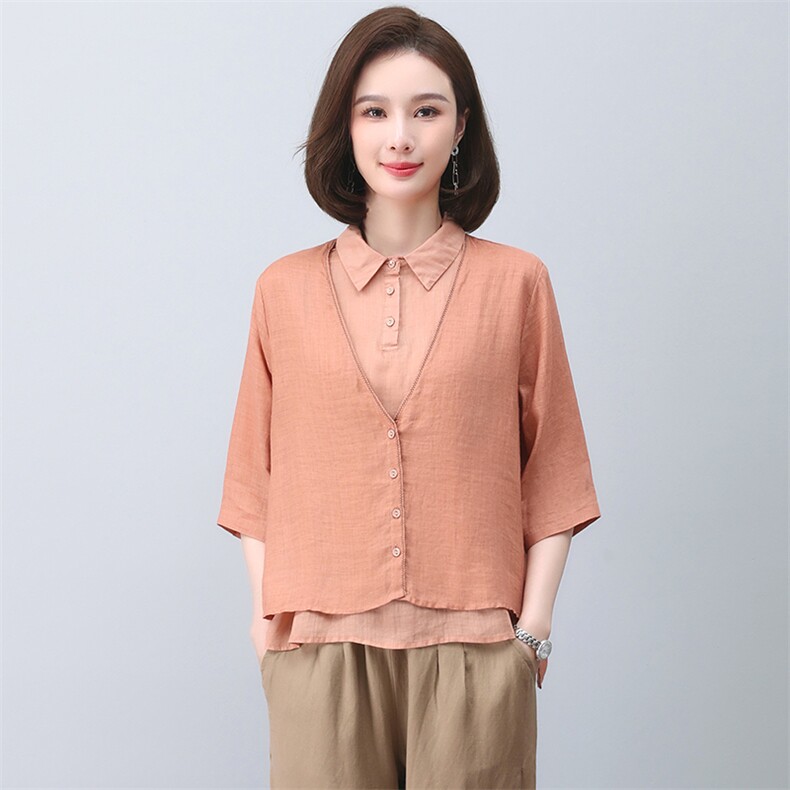时尚休闲棉麻女2025夏季新款中年妈妈苎麻衬衫减龄亚麻，女装衬衫，忆绮罗