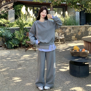韩系慵懒休闲风格纹拼接卫衣套装女2026春季阔腿裤时尚减龄两件套图片