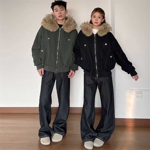 现货重磅boxy短款棉衣座山雕大毛毛领男女棉服水洗工装厚外套图片