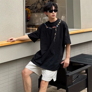 万针全刺绣工艺抖音得物高品质260克重磅纯棉双纱美式高街短袖T恤图片