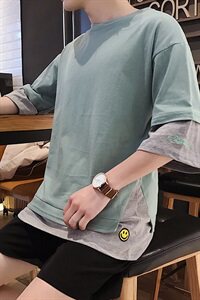 A003-HT002-P20  夏季新款黄色笑脸假两件休闲短袖T恤1 港仔风图片