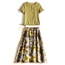 中年妈妈夏装套装短袖小个子2024新款休闲印花棉麻套装裙两件套女，女装套装/套裙，牡丹诺