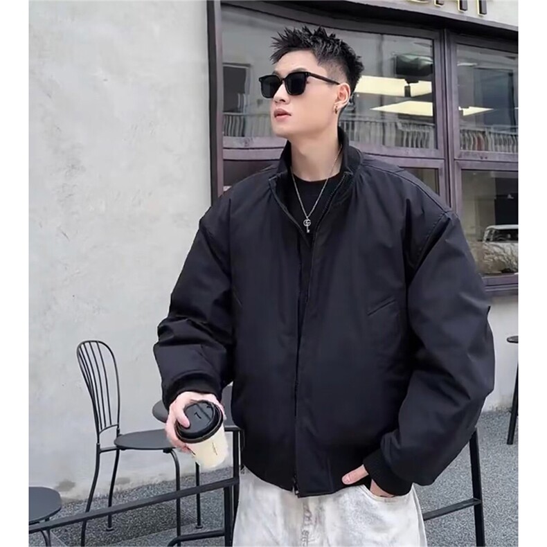 抖音得物 美式潮休闲夹克春季立领纯色复古工装加厚棉服外套AMY02图片