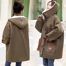 军绿派克棉服女ins冬季2021棉衣中长款百搭宽松工装加厚外套，女装棉衣/棉服，意芙