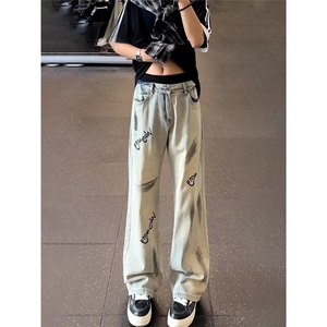美式欧美炸街裤子春秋新款小众设计感扎染喷墨牛仔裤ins高街长裤图片