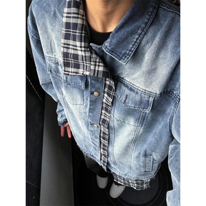 【有货】假两件牛仔外套男春秋格子衬衫拼接工装夹克JK8624LL-P85图片