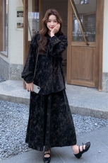 新中式国风印花套装女2025秋季新款复古气质优雅衬衫半身裙两件套，女装套装/套裙，2C007