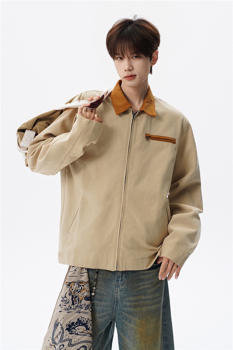 撞色水洗做旧帆布短款夹克男款vintage美式复古工装休闲外套JK003,男装夹克,电商B312