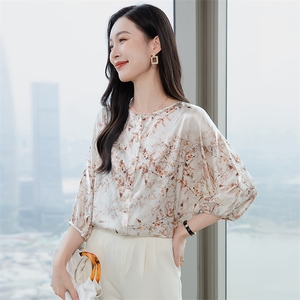 纯色真丝上衣女七分袖2026春夏宽松中袖中年妈妈装真丝T恤小衫图片