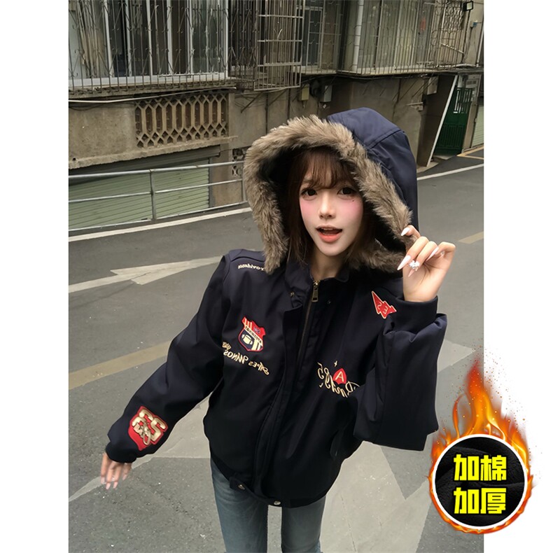 现货高品质美式高街重磅刺绣座山雕大毛毛领棉衣男女加厚棉服外套,男装棉衣,电商A486