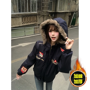 现货高品质美式高街重磅刺绣座山雕大毛毛领棉衣男女加厚棉服外套图片