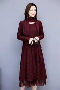 连衣裙纯色圆领2020年冬季长袖长裙拼接植绒纯色图片