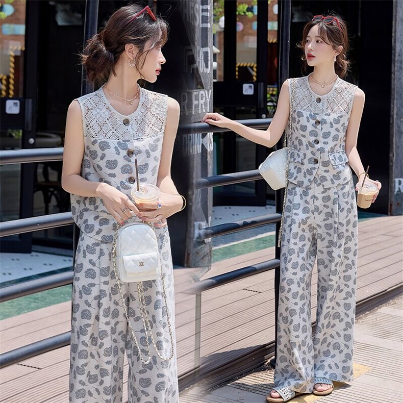 小香风套装女2025夏新款巨好看的松弛感老钱风亚麻无袖阔腿裤穿搭，女装套装/套裙，依路服饰