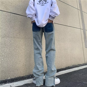 美式高街hiphop复古刺绣牛仔裤男宽松百搭拉链微喇叭休闲裤B22P65图片