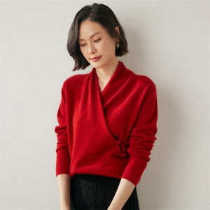 法式高端交叉V领山羊绒衫女百搭针织毛衣秋冬羊毛打底衫上衣米色图片