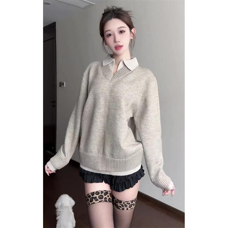 重磅北极绒假两件衬衫领毛衣美式高街复古休闲慵懒纯色翻领针织衫，男装针织衫/毛衣，电商A486