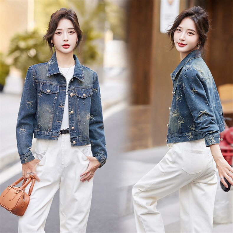 早秋新款牛仔外套女2024休闲韩版时尚刺绣蝴蝶结烫钻洋气百搭上衣，女装牛仔外套，潮流依族