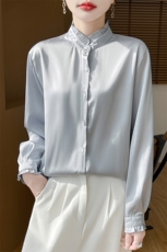花边领纯色长袖气质单排扣简约干练衬衫，女装衬衫，朝贺羊绒