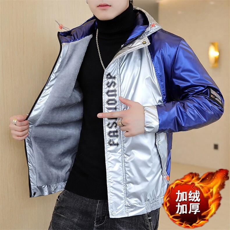 冬季亮拼袖羽棉服男模特加厚夹克保暖外套工装棉衣蓝870加绒图片