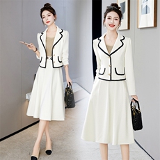 春秋季时尚气质黑白枣红优雅小香风收腰上衣+裙子职业套装，女装套装/套裙，罗得堡