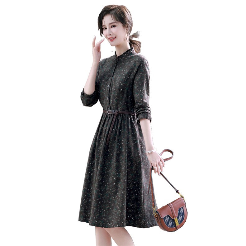 小个子休闲碎花棉麻连衣裙女2025春季新款气质收腰长袖纯棉裙子,女装连衣裙,木橙西子