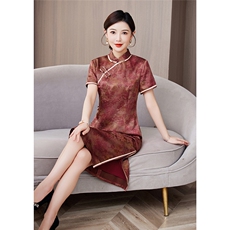 2025年夏季新品时尚气质金丝提花香云纱品质真丝喜庆中长款旗袍裙，女装汉服/婚纱/旗袍/礼服，媚琳依坊